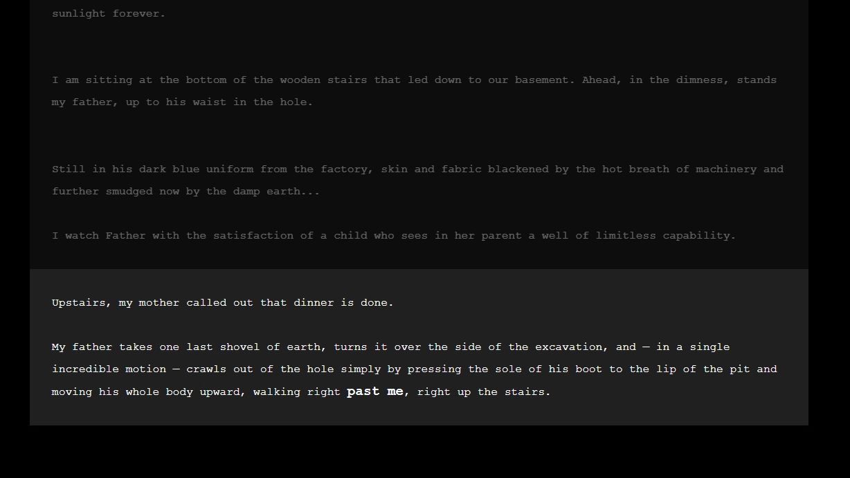 A screenshot from My Father's Long, Long legs - white text on a black background - describing the father in question leaping out of a deep hole in the floor with one bound